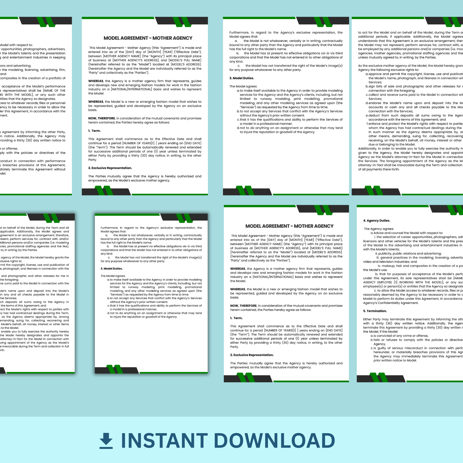 Multiple pages of a legal document with text on a light blue background, featuring an 'Instant Download' button.